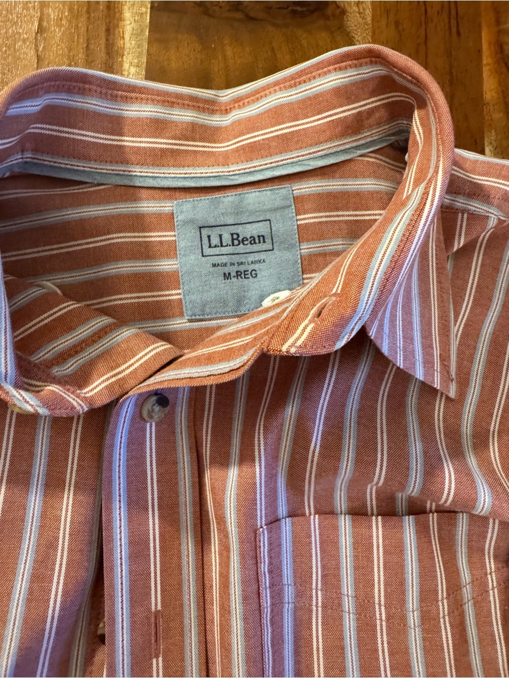 L.L. Bean Men's Rust and White Striped Button-Down Shirt with Chest Pocket